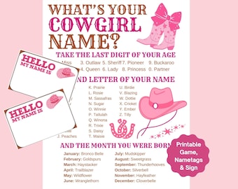 Whats Your Cowgirl Name Game, Printable Cowgirl Birthday Party Game, Cowgirl Party Printables, Cowgirl Name Tags, Western Birthday Cowgirl