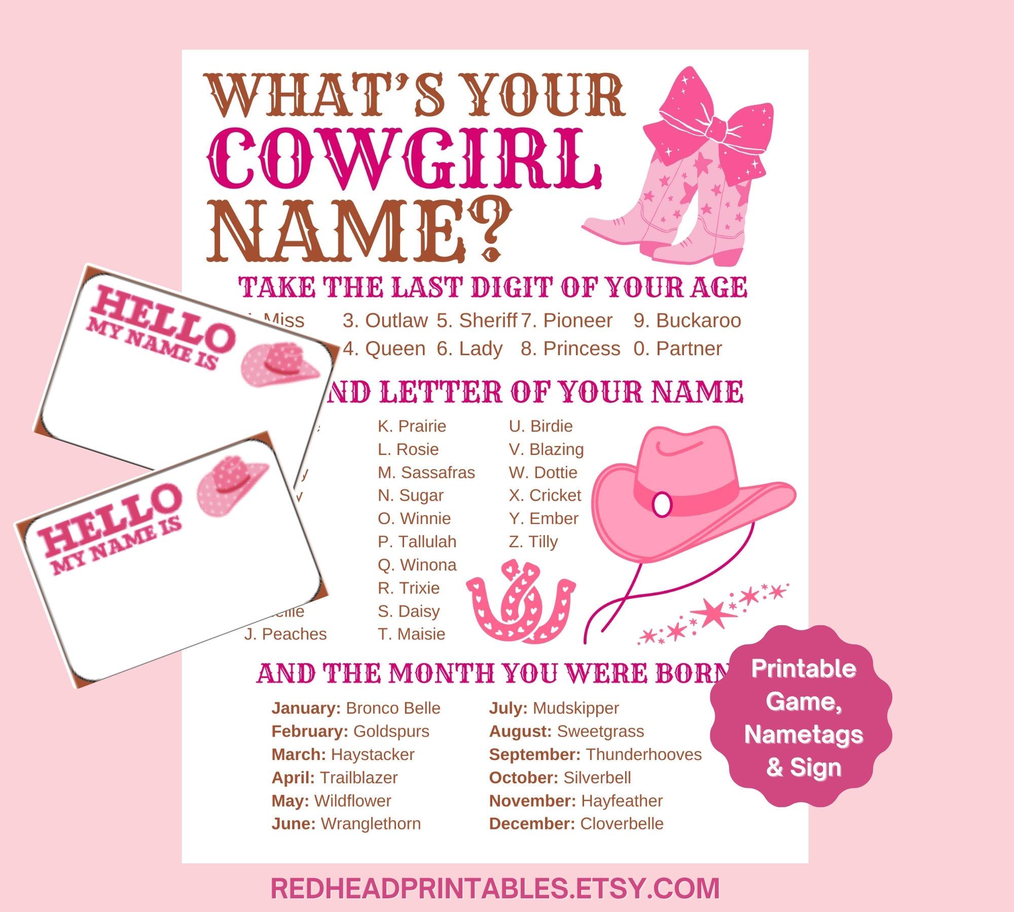 Whats Your Cowgirl Name Game, Printable Cowgirl Birthday Party Game ...