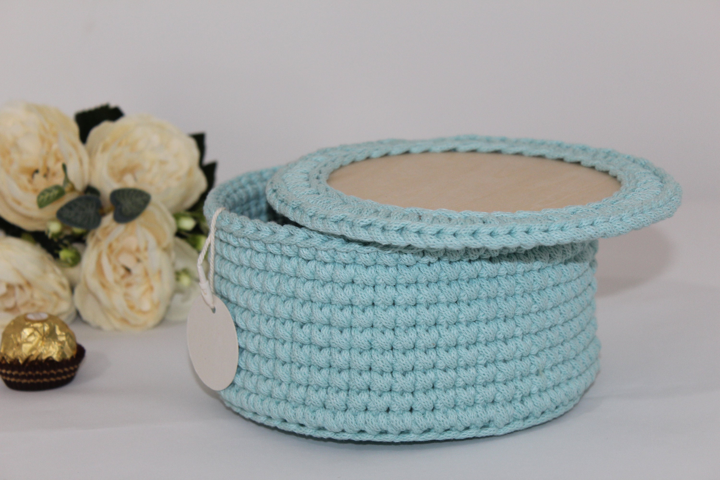 Mint Basket With Lid, Eco Storage, Round Box, Guest Gift, Utensilo
