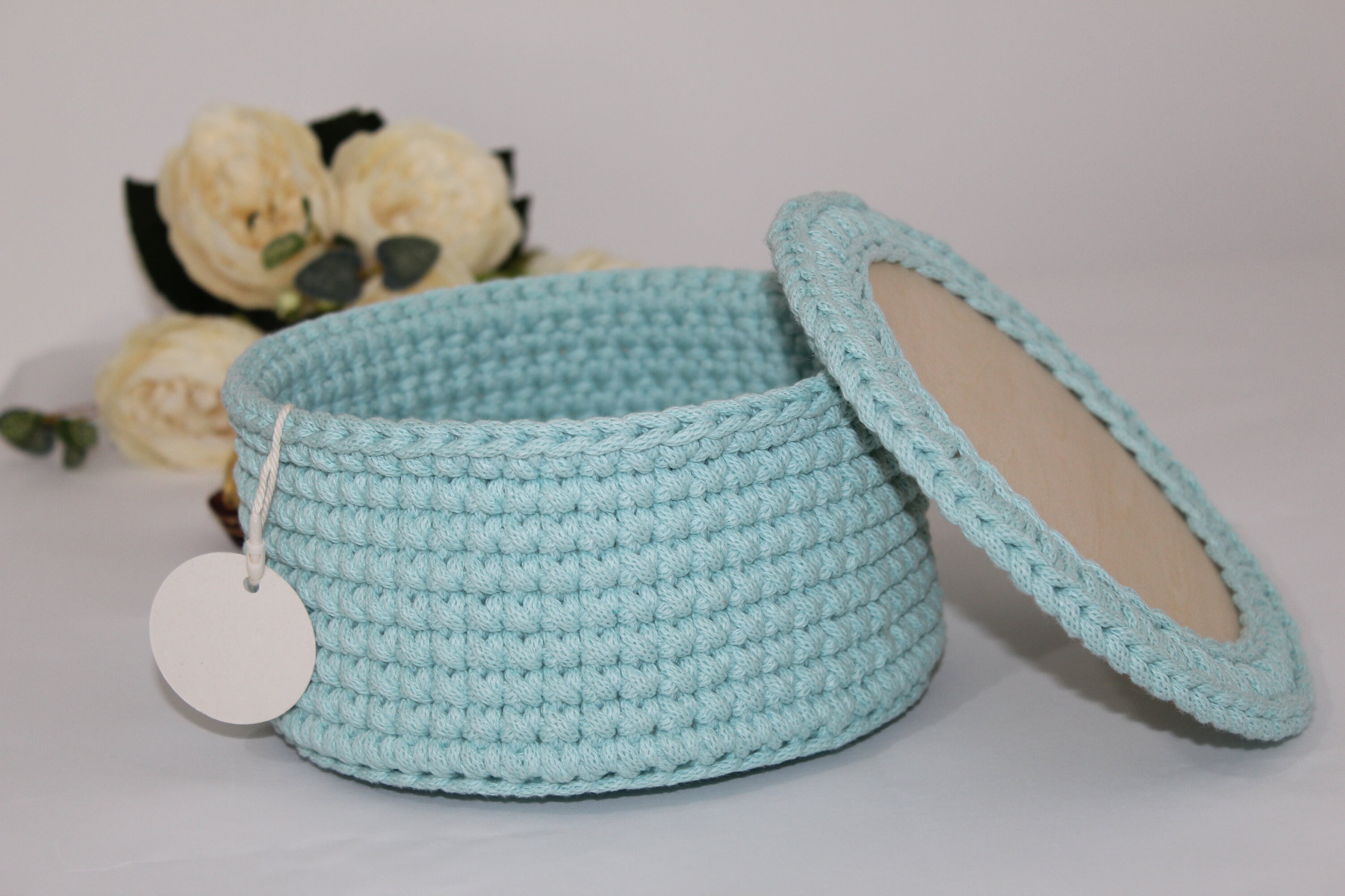 Mint Basket With Lid, Eco Storage, Round Box, Guest Gift, Utensilo