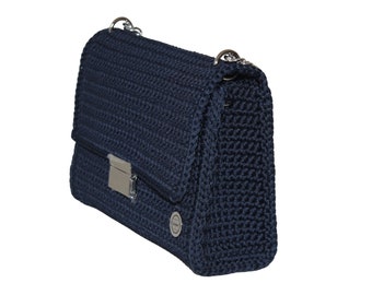 Navy blue handmade bag, crochet crossbody crafted by hand, sustainable materials, designer bag