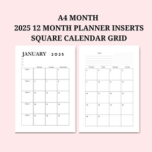 2025 Dated Monthly Planner on 2 pages, Printable planner inserts, A4 size, Minimalist square calendar grid, Month at a glance, Month Agenda