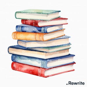 May include: Watercolor illustration of a stack of books in various colors, including green, red, blue, and orange. The books have white pages and are stacked on top of each other. The text ".Rewrite" is at the bottom right.