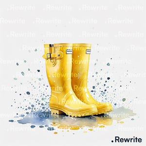 Puede incluir: Un par de botas de lluvia amarillas brillantes con hebillas y un acabado brillante. Las botas se colocan sobre un fondo de acuarela con salpicaduras de pintura azul y amarilla, lo que sugiere un día lluvioso. La palabra "Rewrite" es visible.