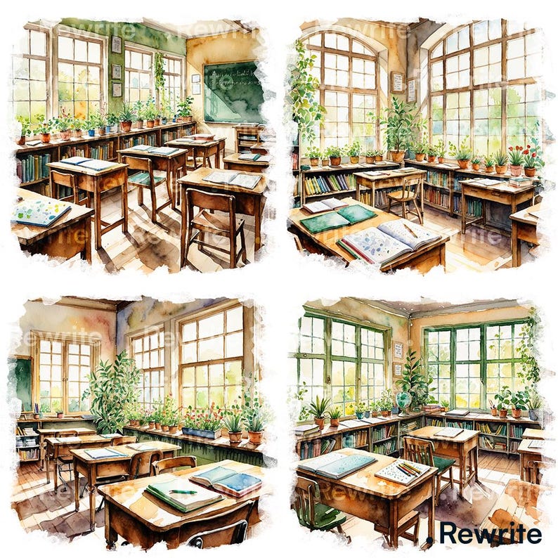 May include: A watercolour illustration depicts a classroom with desks, chairs, and large windows. Bookshelves line the walls, and potted plants sit on windowsills. The scene evokes a sense of warmth and learning, with natural light illuminating the space.