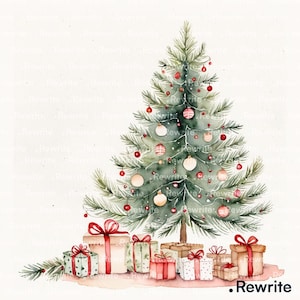 Puede incluir: Ilustración en acuarela de un árbol de Navidad decorado con adornos rojos y luces blancas. Regalos envueltos en papel estampado y atados con cintas rojas están en la base del árbol. La palabra "Rewrite" está en la esquina inferior derecha.