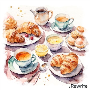 Puede incluir: Ilustración en acuarela de una escena de desayuno con cruasanes, té y pasteles. Una tetera, tazas de té y platos de comida están dispuestos sobre una mesa. También se ven un limón en rodajas y una cuchara. La imagen tiene un estilo suave y artístico.