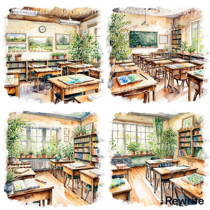May include: Watercolour illustration of a classroom with wooden desks, bookshelves, and large windows. The room is filled with plants and artwork, creating a warm and inviting atmosphere. A chalkboard and clock are visible.