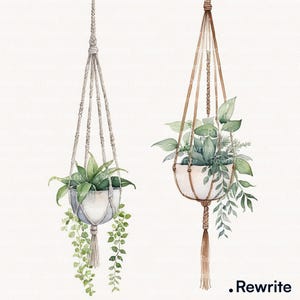 Puede incluir: Ilustración en acuarela de dos macetas colgantes con plantas verdes. Una maceta está suspendida por un colgador de macramé gris, la otra por un colgador de macramé marrón. Las macetas son blancas con plantas verdes.