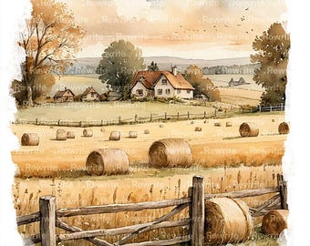 10 Farm Field Clipart, Wheat Field Landscape, Country Cottagecore Farm, Rural Harvest Scene, Countryside Watercolor Art, JPG High Quality