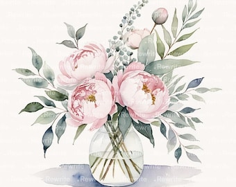 10 Pink Peonies Bouquet Clipart, Watercolor Peony Flowers, Romantic Wedding Floral Clipart, Peonies Clipart Download, JPG High Quality