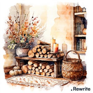 May include: Watercolor illustration of a cozy interior scene. A wooden shelf holds stacked firewood, lit candles, and a woven basket. A vase of autumn foliage and pumpkins sit nearby. A rug with a patterned design is on the floor.
