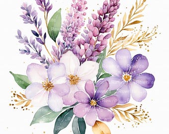 10 Purple Flowers Clipart, Watercolor Floral Clipart, Violet Flower Illustrations, Botanical Clipart, Printable Floral Art, JPG 300 dpi