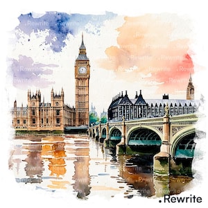 Puede incluir: Pintura a la acuarela de los emblemáticos monumentos de Londres, como el Big Ben y el Parlamento, reflejados en el agua. La obra presenta un puente y un cielo colorido con tonos azules, naranjas y morados.