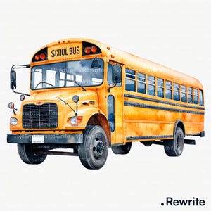 Puede incluir: Ilustración en acuarela de un autobús escolar amarillo con la inscripción "SCHOOL BUS" en la parte delantera. El autobús tiene neumáticos, ventanas y molduras negras. La imagen es una ilustración digital.