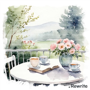 May include: A watercolour painting depicting a tranquil outdoor setting. A white table displays teacups, a book, and a vase of pink flowers. A white chair is positioned close by. The background shows a scenic view of a mountain and trees.