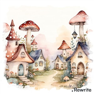 Può includere: Illustrazione ad acquerello di un villaggio stravagante con case a forma di fungo e grandi funghi. Le case hanno porte e finestre ad arco, con un sentiero che attraversa il villaggio. La tavolozza dei colori comprende rosa, marroni e verdi tenui.