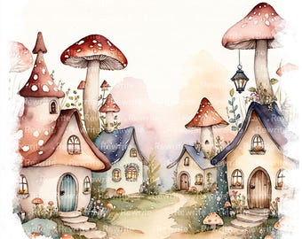 10 Fairy Village Clipart, Whimsical Fairy Houses, Enchanted Forest Village Scene, Cottagecore Printable for Scrapbooking High Quality JPG
