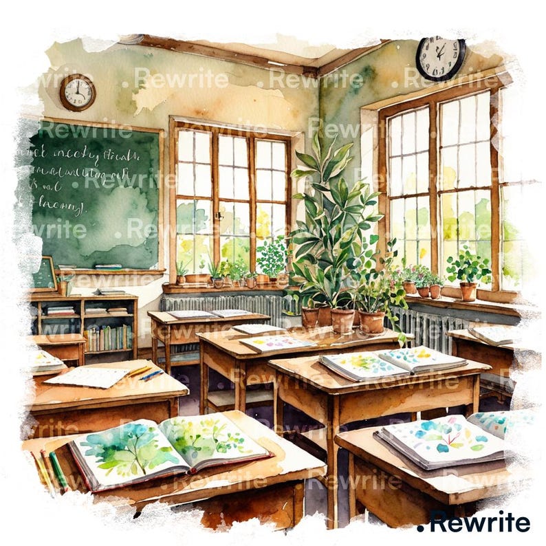 May include: Watercolour painting of a classroom interior. Wooden desks with open books are arranged in rows. Windows offer a view of greenery. A chalkboard and clock are visible. The overall theme is education.