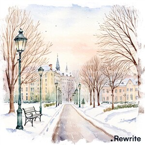 Peut inclure: Aquarelle d'une scène hivernale enneigée. Un chemin couvert de neige mène à des bâtiments avec des flèches. Des arbres dénudés bordent le chemin, avec des lampadaires. Un banc est près du chemin. Le ciel est rose et bleu clair.