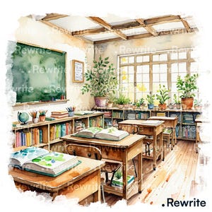 May include: Watercolor illustration of a classroom with wooden desks, bookshelves, and a chalkboard. The room is filled with books, plants, and natural light. The word "Rewrite" is visible in the image.