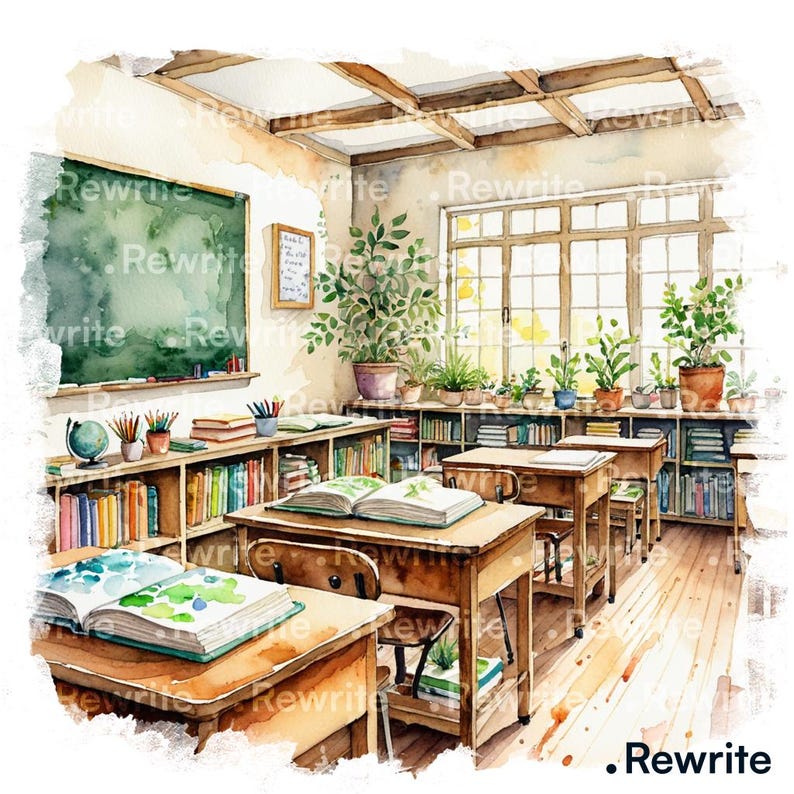 May include: A watercolour illustration of a classroom with wooden desks, bookshelves, and a chalkboard. The room is filled with books, plants, and natural light. The word "Rewrite" is visible.