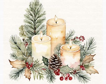 May include: Watercolor illustration of three lit candles surrounded by evergreen branches, holly leaves, red berries, and a pine cone. The candles are ivory and gold, with a soft glow. The overall theme is a festive holiday decoration.