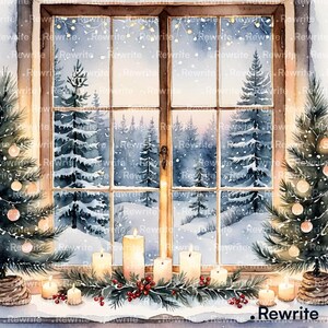 May include: Watercolor painting of a window overlooking a snowy forest scene. The window frame is brown, with lit candles and a garland of greenery and berries on the sill. Christmas trees flank the window.
