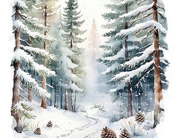 10枚の印刷可能な冬の白樺、水彩画、クリスマスの装飾、雪景色、商用