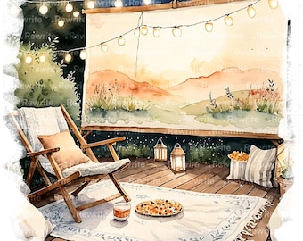 10 Filmavond-clipart, openluchtbioscoop-clipart | Afdrukbare aquarel, hoogwaardige JPG, knutselen, junk journaling, scrapbooking,