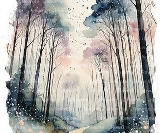 10 Mystical Forest Clipart, Enchanted Watercolor Woodland Illustration, Fantasy Magical Landscape, Whimsical Forest Scene, High Quality JPG