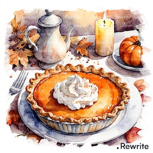 Puede incluir: Ilustración en acuarela de una tarta de calabaza con crema batida, una tetera, una vela encendida y una pequeña calabaza en un plato. Hojas de otoño esparcidas.
