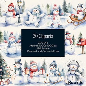 20 Christmas Snowman Clipart, Watercolor Winter Snowman for Cards, Scrapbooking, Crafts & Holiday DIY, High Quality JPG Digital Download