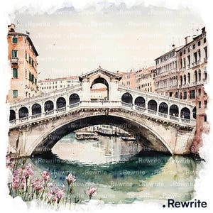 以下が含まれることがあります： イタリア、ベネチアのリアルト橋の水彩画。橋はアーチ型の開口部を持つ白で、下の水は建物と空を映しています。前景にはピンクの花があり、運河にはボートがあります。