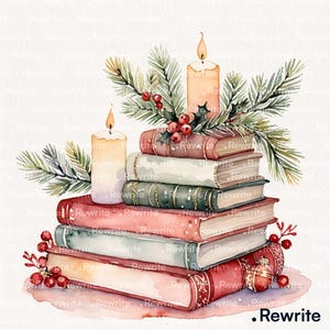 Peut inclure: Illustration à l'aquarelle d'une pile de livres avec des bougies allumées, du houx et des branches de pin. Les livres sont dans les tons de rouge, de vert et de crème. Thème de vacances festives.
