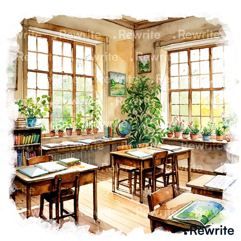 May include: A watercolour illustration of a classroom interior. Large windows, desks, and chairs are visible. Bookshelves and potted plants adorn the windowsills. A globe and artwork enhance the academic atmosphere. The room is filled with natural light.