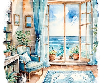 14 枚の水彩画の海の景色のクリップアート | 開いたシャッター、招待状