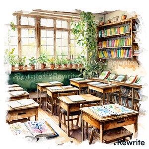 May include: A watercolour illustration of a classroom with wooden desks, a large window, and a bookshelf filled with books. Potted plants line the windowsill and chalkboard. The word "Rewrite" is written on the chalkboard.