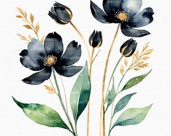 16 個の黒い花、黒い花びら、花のクリップアート デザイン要素の