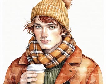 Watercolor Autumn Man Clipart, Fall Fashion Men Clipart, Cozy Fall Season, Fashionable Man with Coffee | Watercolor Clipart JPG High Quality