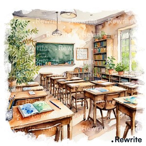 May include: A watercolour illustration of a classroom featuring rows of wooden desks and chairs. A chalkboard with text is on the wall, and a bookshelf is filled with books. Plants and a window provide natural light.