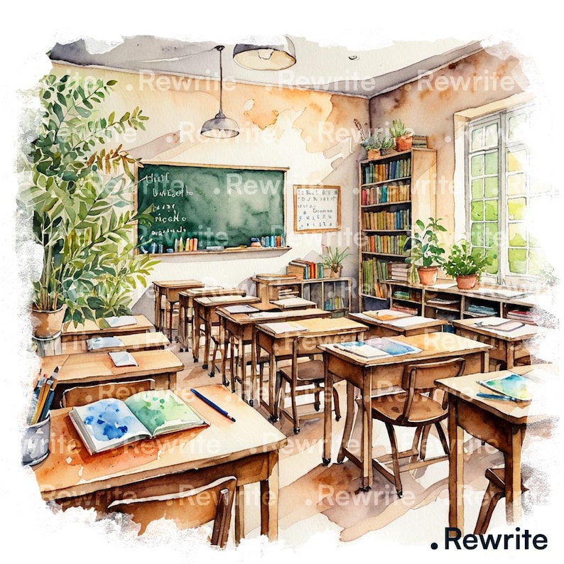 May include: A watercolour illustration of a classroom featuring rows of wooden desks and chairs. A chalkboard with text is on the wall, and a bookshelf is filled with books. Plants and a window provide natural light.