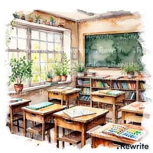 May include: Watercolour illustration of a classroom with wooden desks, a chalkboard, and a window with plants. Bookshelves are filled with books. The desks have open books and notebooks. The overall theme is education and learning.
