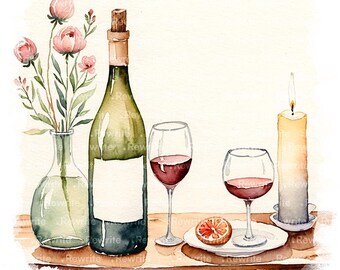 Peut inclure: Illustration à l'aquarelle d'une nature morte sur le thème du vin. Une bouteille de vin verte avec un bouchon, deux verres de vin rouge, une bougie allumée et un vase de fleurs roses sont disposés sur une surface en bois. Une orange tranchée est sur une petite assiette.
