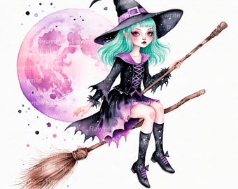 10 Pastel Witch Broom Clipart | High Quality JPG | Printable Pink Halloween Clipart, Digital Download | Junk Journal, Scrapbooking, Crafting