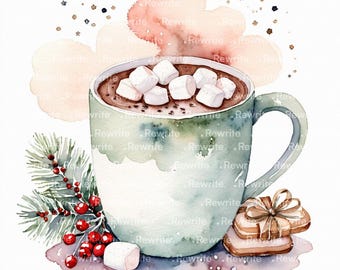 10 Watercolor Christmas Hot Chocolate Clipart, Festive Cozy Mug with Marshmallows, Winter Holiday Drink Illustration, High Quality JPG