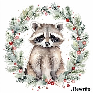 12 Clipart de mapache navideño en acuarela, animal adorable con gorro de Santa para scrapbooking, journaling & DIY. JPGde  Alta Calidad.