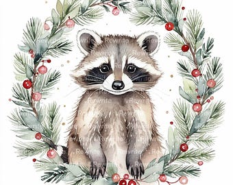 12 Christmas Raccoon Clipart, Cute Watercolor Raccoon with Santa Hat, Festive Holiday Animal PNG JPG Digital Download. High Quality JPG