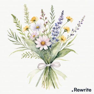 Puede incluir: Ilustración en acuarela de un ramo de flores silvestres. El ramo presenta flores amarillas, moradas, rosas y blancas, con follaje verde. Está atado con una cinta blanca, creando un ambiente natural.