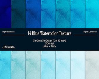 Papel digital con textura de acuarela azul, JPG y PNG imprimible, uso comercial para junk journal, fondos, scrapbooking y planificadores.